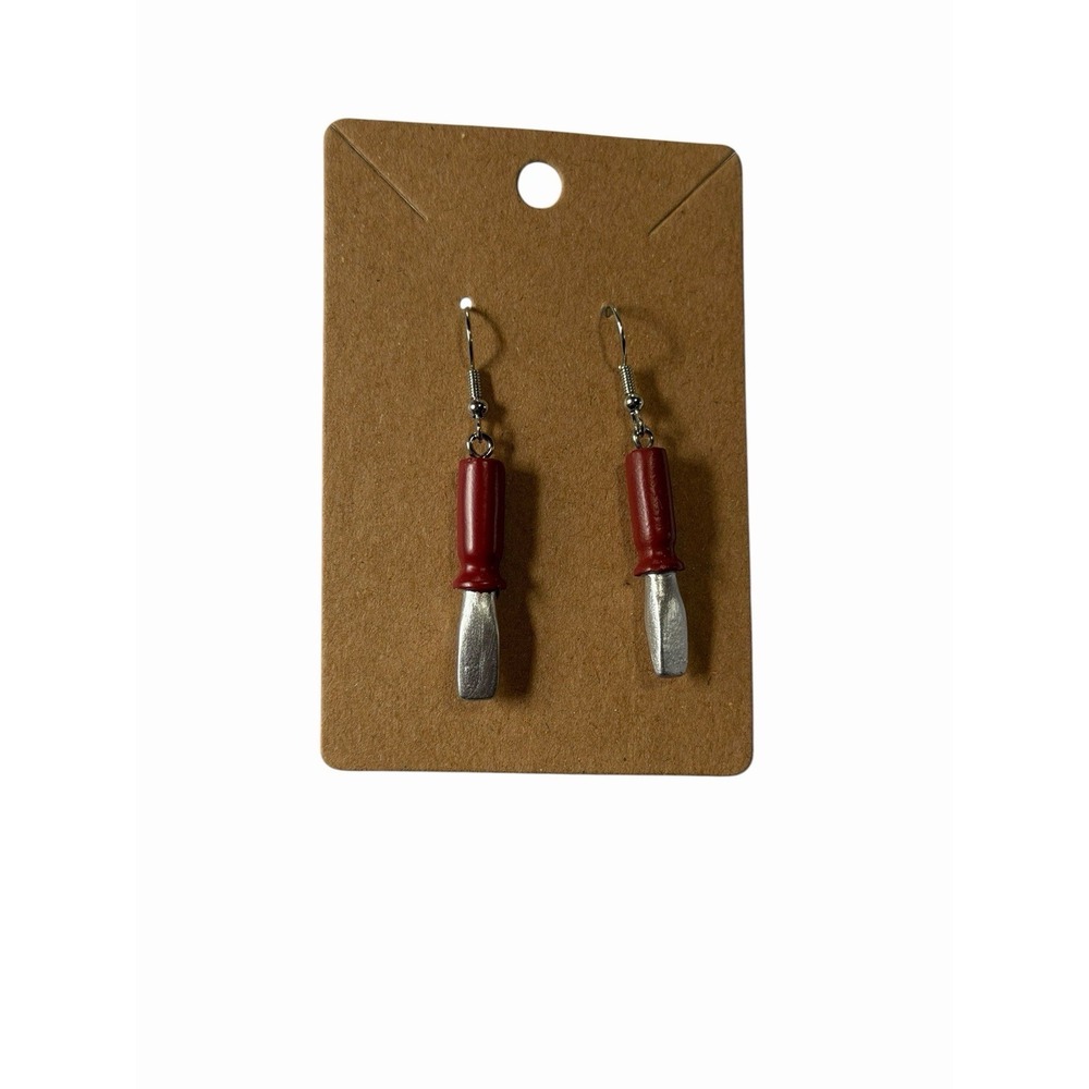 Handmade Red Screwdriver‎ Tool Dangle Earrings Novelty DIY Maker Jewelry